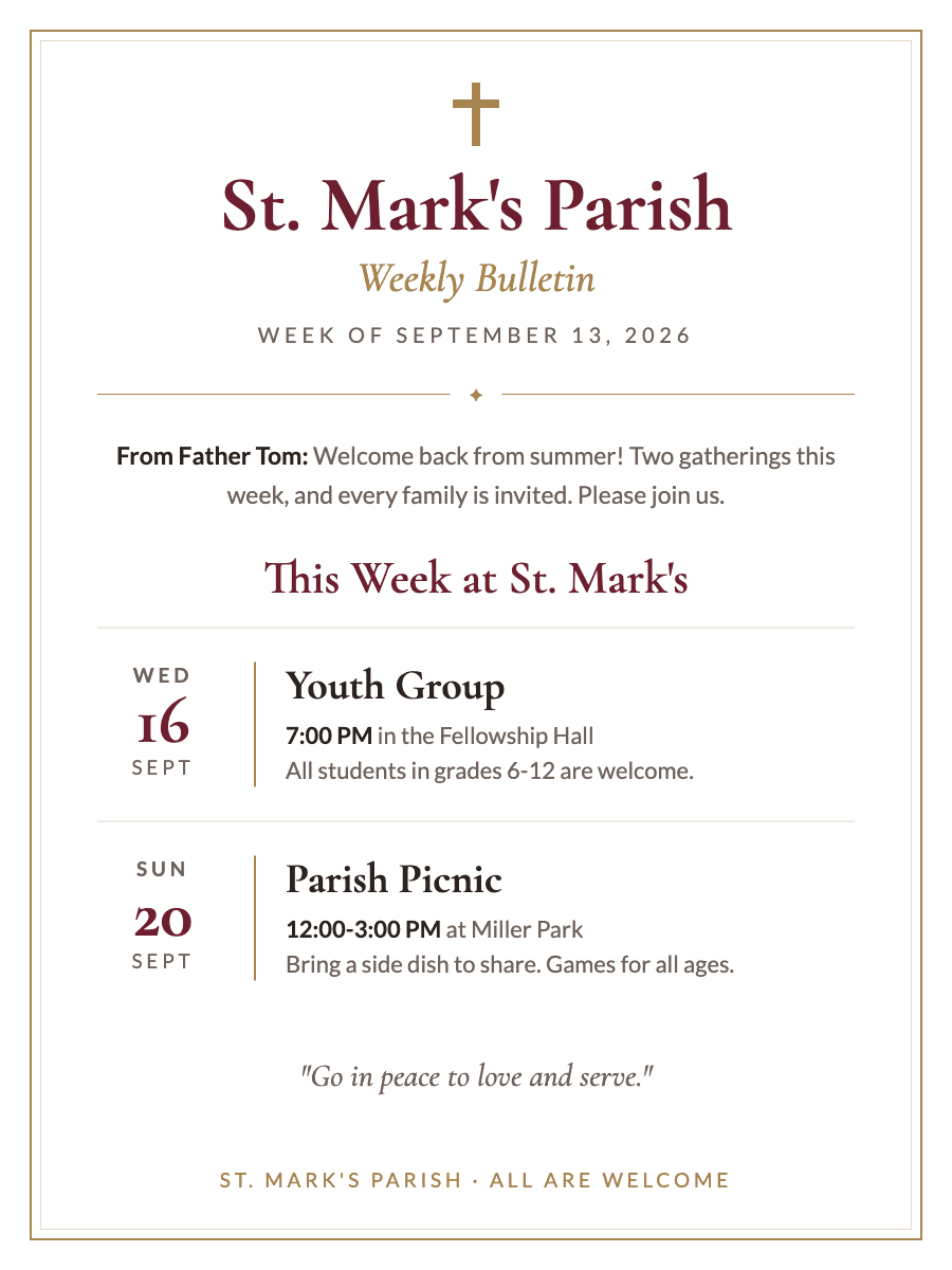 St. Mark's Weekly Bulletin: Youth group Wednesday, Sept 16 at 7pm in the fellowship hall. Parish picnic Sunday, Sept 20, 12-3pm at Miller Park.