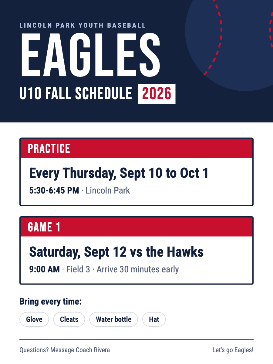Eagles U10 Baseball, Fall Schedule: Practice every Thursday, Sept 10 to Oct 1, 5:30-6:45pm at Lincoln Park. First game Saturday, Sept 12 at 9am vs the Hawks, Field 3.